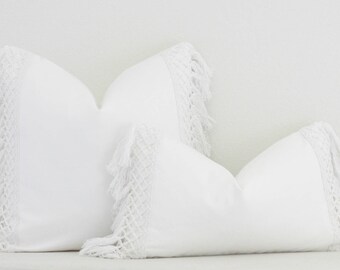 White with Macrame Trim, Pillow Cover,Accent Pillow,Throw Pillow