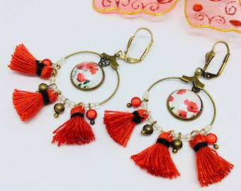 Hoop earrings poppy tassels
