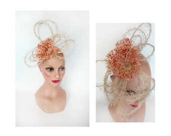 straw fascinator flower, beige pillbox fascinator Hat cocktail hat wedding Hut wedding, ceremony