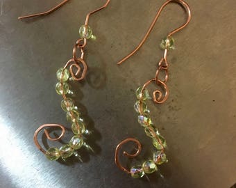 Swirl copper and light green earrings