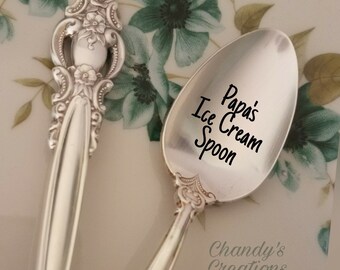Ice-Cream-Spoon-Stamped-Personalized-Gift-Engraved-Custom-Vintage-Silverware-His-Hers-Papa's-Custom-Server-Spoon-Tablespoon-Dessert-Silver