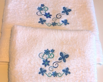 Embroidered Butterflies and Flowers Design Hand and Bath Towels
