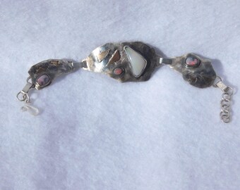 Black opal reticulated sterling silver linked bracelet with 10k gold accents