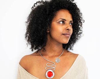 Red Statement Necklace, Wrap Necklace, Unique Necklace, Wedding Jewelry, Stylish Necklace, Open Adjustable Necklace, Stunning Necklace.