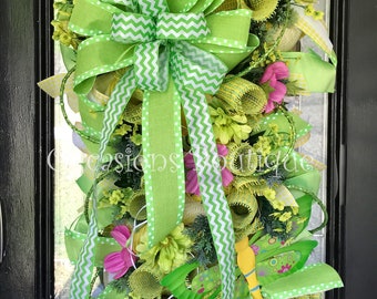 Spring Door Swag, Summer Swag, Spring Wreath, Summer Wreath, Floral Wreath, Large Wreath, Deco Mesh, Green and Yellow