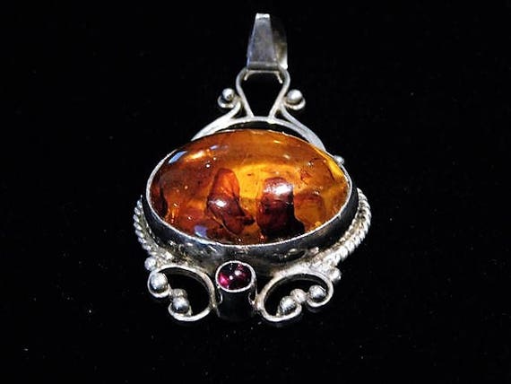 Genuine Baltic Amber Pendant / Rhodolite Garnet / Sterling Silver