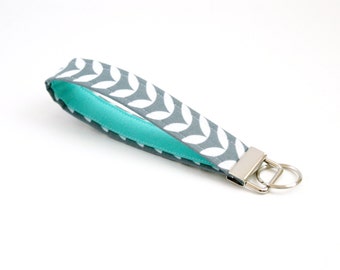 Gray and Aqua Fabric Key Fob - 5 Inch Key Ring - Fabric Keychain - Cute Key Fob - Key Wristlet - Loop Key Fob - Coworker Gift