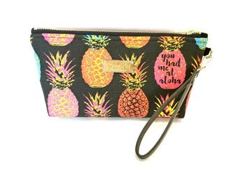 You Had Me At Aloha - Medium Clutch with brass zipper and leather strap - 11x 5 x 2- Ready to ship