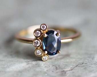 Sapphire Cluster Ring, Rose Cut Sapphire Ring, Blue Sapphire Ring, Blue Sapphire Ring, Blue Engagement Ring, Diamond Sapphire Ring