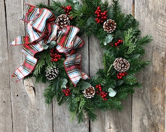 Artificial Christmas Wreath, Winter Wreath for Front Door, Christmas Wreaths for Front Door, Tartan Ribbon, Christmas Grapevine Wreath, Gift