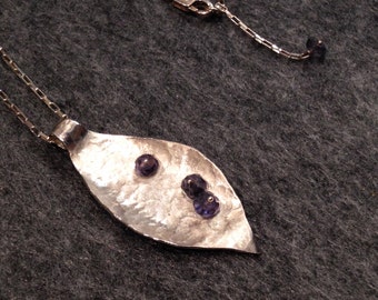 sterling silver leaf necklace - small-gemstone Iolite "dew drops" -