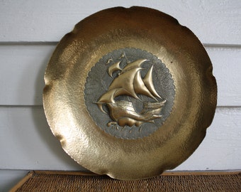 Vintage brass platter, Asian, nautical, Hollywood Regency, hammered brass