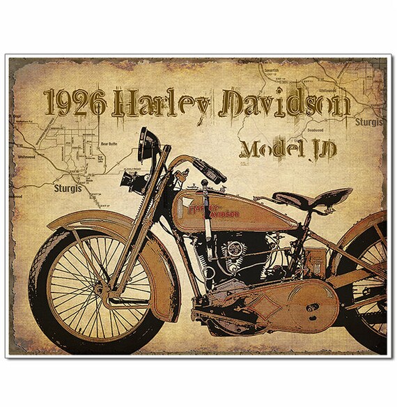 Vintage 1926 Harley Davidson Motorcycle Art Print With Map Of