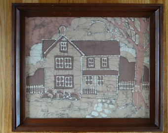 Mid Century Framed Batik by B.P. Munson - House with Picket Fence, Cobblestone Walk, Tree - In Shades of Brown and Tans