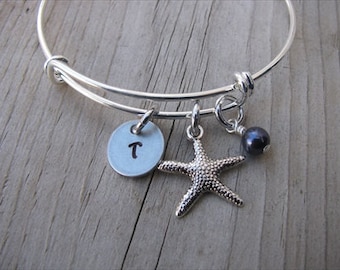Personalized Initial Starfish Bangle Bracelet- Adjustable Bangle Bracelet with Hand-Stamped Initial, Starfish, and an accent bead of choice
