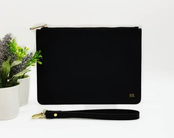 Black Monogrammed Leather Clutch - Black Personalised Leather Bag - Genuine Leather Bag - Gift for Her - Personalized Gift - Evening Clutch