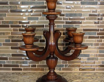 Vintage Wood Candelabra 5 Arm Candle Holder Centerpiece Dark Wood Mid Century Cabin Fall Decor