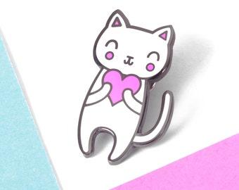 Cat Pin - Enamel Heart Pin - Cat Lapel Pin - Cat Lover Gift - Valentine’s Day Gift - Valentines Gift For Her
