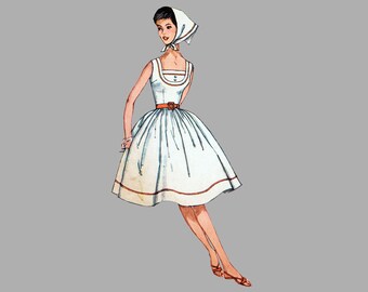 1961 One-Piece Dress and Scarf pattern Simplicity 3918 Fitted bodice with scooped neck Full gathered skirt Bust 32 Size 12