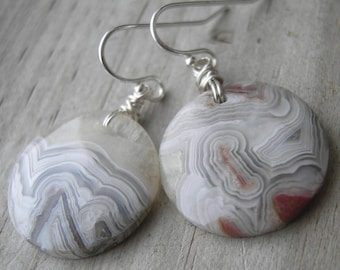 Crazy Lace Agate Coin Sterling Silver Wire Wrapped Earrings