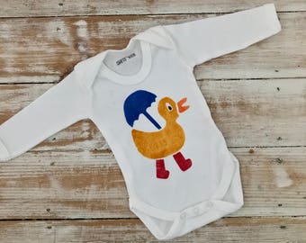 Duck Baby Bodysuit Sale - Reduced Demo Duck Vest - Duck in Red Wellies with Blue Umbrella - Duckling Baby Clothes - Baby Clothes Sale