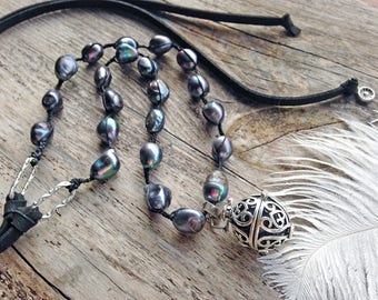 Silver harmony ball necklace dark purple pearl braided adjustable bola chime pendant necklace gift for her friend pregnant fashion jewelry