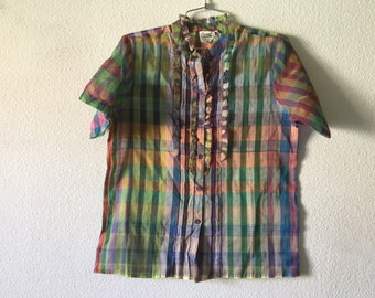 Vintage Blouse - Ruffled Front Button Up Short Sleeve Top Cotton Sheer Plaid Shirt