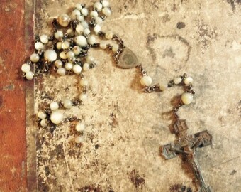 victorian handcarved mother of pearl rosary SACRID heart MOP mother Mary no 5 religious metal love charm protection