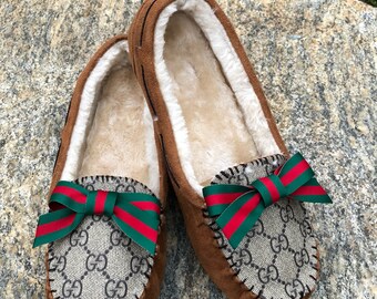 Auth Gucci Recycled Canvas Comfy Warm Faux Suede Moccasins Slippers Shoes