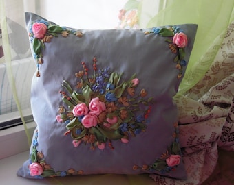 Ribbon Embroidered Pillow Cover