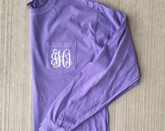 Monogram Long Sleeve Pocket Tee, Vine Monogram Pocket Tee, Comfort Colors Shirt, Monogram Pocket Tee, Long Sleeve Monogram Tee