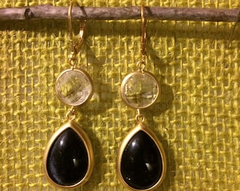 Crystal & Black Glass Teardrop Earrings in Matte Gold