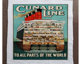 Cunard Line To all parts on the World Ship travel - Sewing, Cushion, Upholstery, Craft, Patchwork and Quilting Fabric Panel 100% cotton