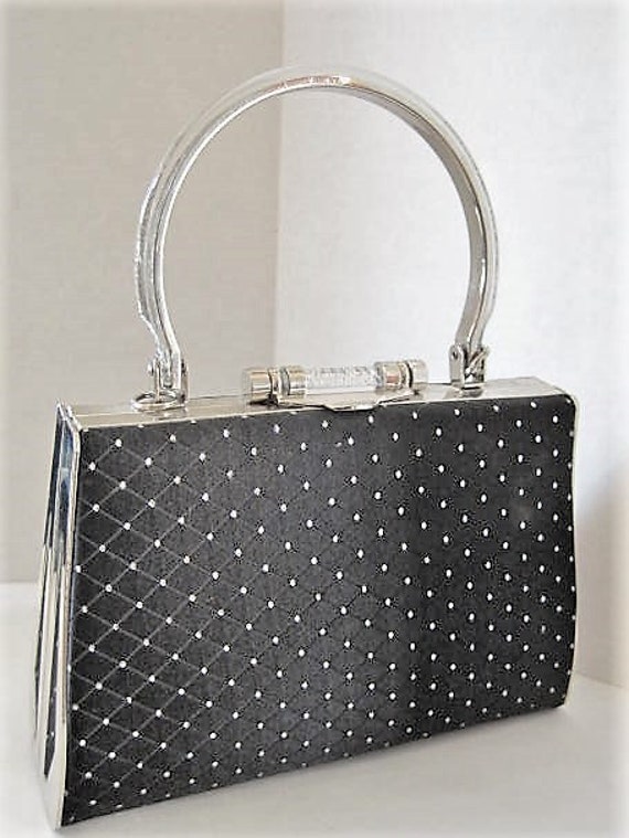 Black Sparkly Purse, Lucite Handle, Top Handle Black Bag, Evening Bag, Silver Tone Metal