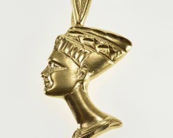 14K High Relief Stylized Queen Nefertiti Bust Pendant Yellow Gold
