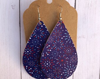 4th of July earrings, firework earrings, red white and blue earrings, Memorial Day earrings, fireworks, faux leather earrings, rangers earri