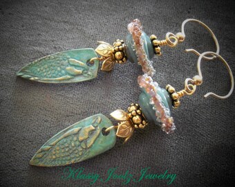 Bronze Handmade Raven Charms-Glass Lampwork Beaded Earrings-Artisan Lampwork Earrings-PMC Earrings-Tribal-Bohemian-Primitive Earrings-SRAJD