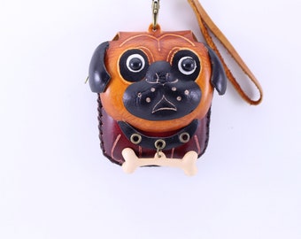 handmade leather dog with bone wristlet coin purse wallet pug