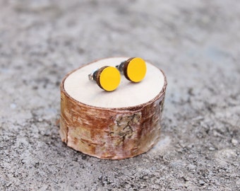 Geometric Wood Earrings // Mustard Earrings // Wood Earrings // Circle Earrings // Yellow Studs
