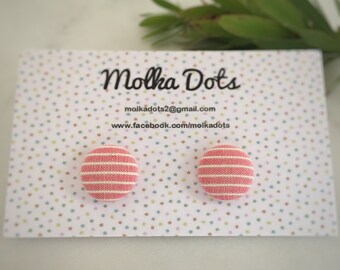 Pink Earrings. White Earrings. Stripe Pattern Earrings. Vintage Fabric. Fabric Covered Button Earrings. Stud Earrings. Clip On Earrings.
