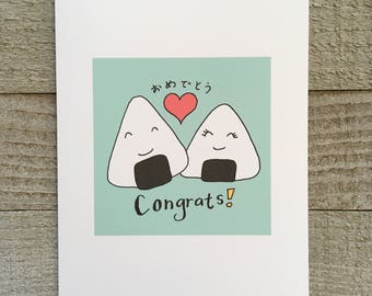 Wedding Congratulations Greeting Card, Onigiri, musubi, couple Anniversary Japanese American Hawaiian, Asian American, Bilingual, handmade