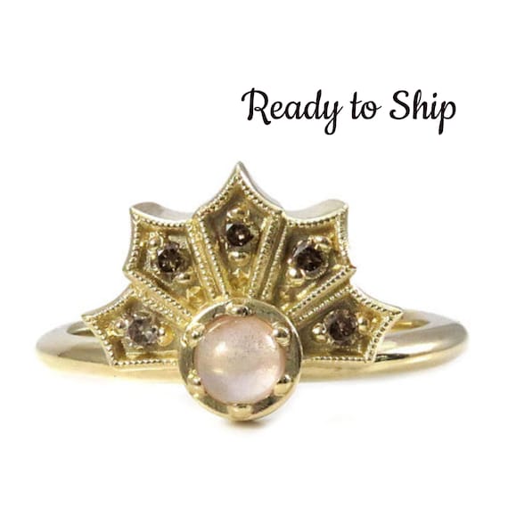 Ready to Ship Size 6-8 - Dainty Diamond and Oregon Sunstone Gothic Crown Ring - 14k Yellow Gold