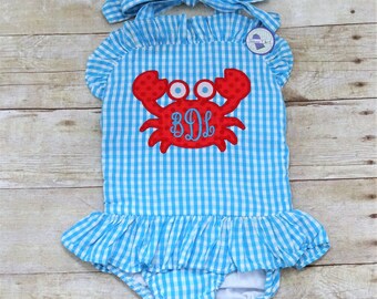 Personalized Girls Swimsuit - Girls Monogrammed Swimsuit - Ruffled Swimsuit - Girls Monogram Swimsuit - Girls Bathing Suit - Crab Applique