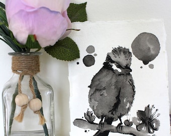 Original black and white bird ink painting