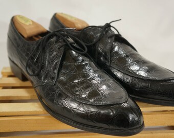 Vintage BOSTONIAN - Sz 9 - Handcrafted USA Genuine Alligator Split Toe Oxfords Black Dress Shoes Formal Exotic Leather Skin