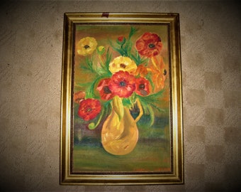 Signed Vintage Outsider Art Floral Painting, Colorful poppies in Vase, 70's