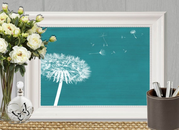 Dandelion print Teal  home decor  Teal  bedroom  decor  Large Teal 