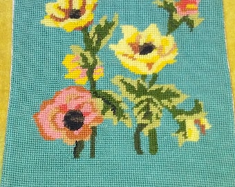 Vintage Needlepoint Finished Flowers on Blue Background 12" x 8"