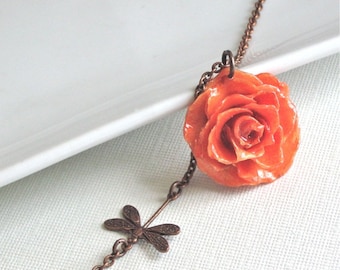 Real Rose Necklace - Orange, Natural Preserved, Dragonfly, Copper, Flower Jewelry