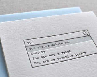 You Auto-Complete Me Letterpress Card & Envelope